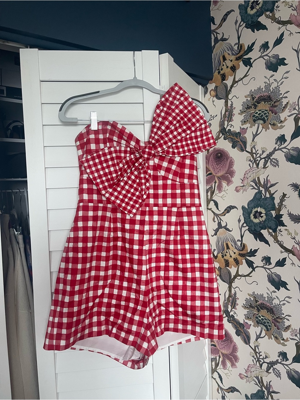 Anthropologie Red and White Gingham Strapless Romper with Bow